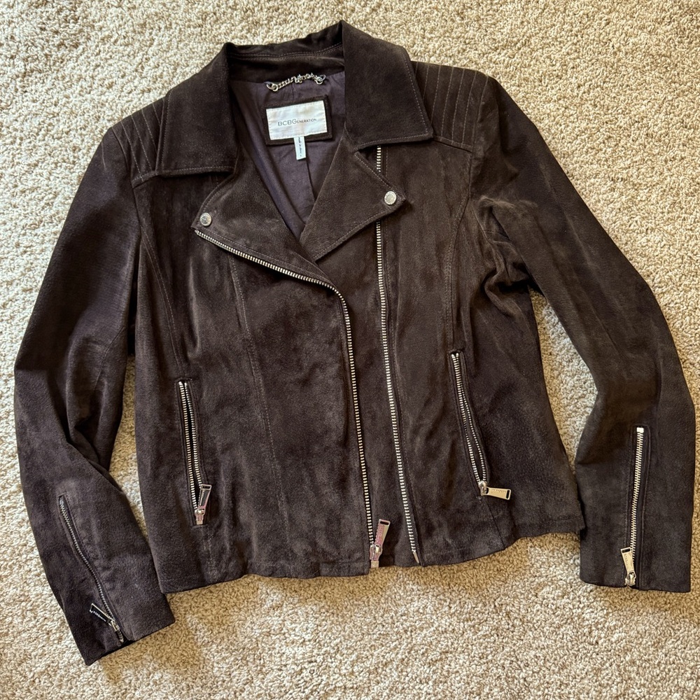 🤎Like New BCBG leather Moto Jacket, genuine suede, Size L 🤎